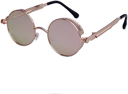 Steam Punk Style Round Lens Sunglasses with Case for Men Women Circle Inspired Metal Frame Retro Eyewear Vintage Sun Glasses with Side Cover