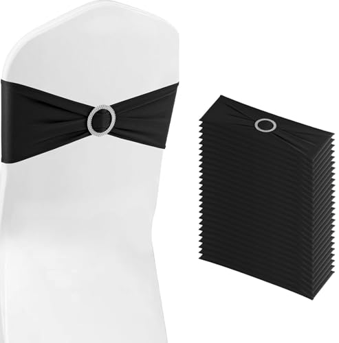 WJWHQ 25PCS Spandex Stretch Chair Sashes Bows Elastic Chair Cover Bands Ties with Buckle Slider for Wedding Party Reception Events Universal Ceremony Banquet Decorations(Black)