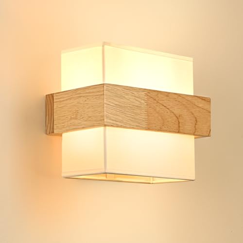 Gleonlux Vintage Interior Wall Light, Industrial Wood Wall Light E14, Retro Wall Lamp Fabric Lampshade, Sconces for Bedroom, Hallway, Living Room, Stairs, Bulb Not Included, Square