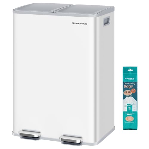 SONGMICS Mülleimer Küche, 2 x 30 Liter, 2 Fächer, Abfalleimer, Tretmülleimer, Küchenmülleimer mit Softclose-Deckel und Inneneimer, Stahl, inklusive 15