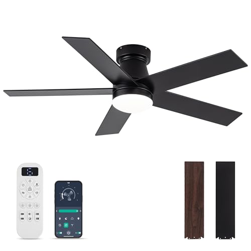 OURSTAR Ceiling Fans with Lights and Remote Control, Black Low Profile Ceiling Fan with Light 3-Color LED Dimmable, Memory for Lighting and Fan Reversible, 6-Speed, Timer, Indoor/Outdoor Use, 47 Inch