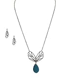Matte Gold Tone Angel Wing Simulated Turquoise Necklace Earring Jewelry Set for Women