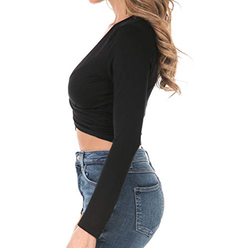7028 Womens Deep V-Neck Long Sleeve Fitted Surplice Wrap Crop Top Black XS