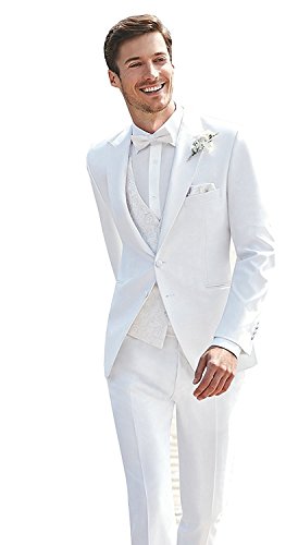 JYDress Mens 3 Piece White Wedding Suits Peak Lapel 2 Button Groom Tuxedos