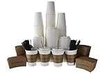 120 Pack - 12 Oz Hot Paper Coffee Cups with Lids, Sleeves, Stirring Straws To Go. Bulk set of White, Disposable, Insulated Drink Cups - No Leaks