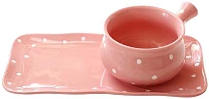 ACZZ 5 Inchceramic Dishes Creative Soup Bowl Retro Cutlery Set Breakfast Desserts Dish with Handle Bowl Milk Bowl Tray Two Sets Food Couple,Pink