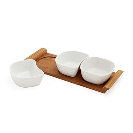 MOM Italy Milky Wave Bowl Set with Bamboo Tray, 4-Pieces