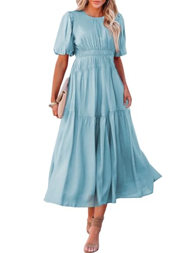 ALVAQ WOMENS DRESS FASHION 2024 CASUAL SHORT SLEEVE SMOCKED MIDI DRESS SUMMER HIGH WAIST FLOWY SWING BOHO LONG DRESSES LIGHT BLUE MEDIUM