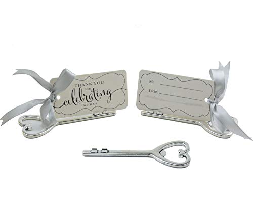 Aokbean 50pcs Multi Function Vintage Skeleton Key Bottle Opener Place Card Holders for Weddings Table Name Cards for Guest Souvenir French Ribbon Silver (Antique Silver)