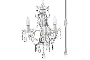 gypsy color The Original Brink House Plug-in 3 Light Crystal White Hanging Swag Chandelier H17”xW12”, White Metal Frame with Clear Glass Stem and Acrylic Crystals