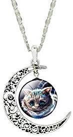 Charm cresent moon Cheshire Cat Necklace,Silver Plated Jewelry Collar Statement Necklace for Women