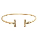 925 Sterling Silver T Cuff Bracelet,Boho Minimal Double T Cuff 14K Gold Plated,Dainty Adjustable Bangle T Bar Bracelet CZ Crystal Simple Minimalist Wrap Bracelet,9 gram,Lobster Clasp w 2