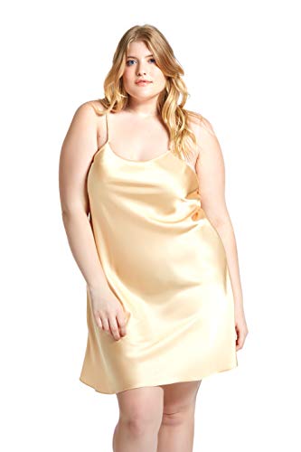 Jovannie Regular/Long Length Satin Chemise Plus Size Teddy Sleepwear Nightgown Nightie Full Slip Dress Babydoll Nightwear (1X Plus, Gold)