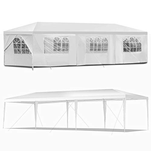 AyaMastro Outdoor 10 Feet x 30 Feet Gazebo Canopy Party Shelter White Tent with 8Pieces Side Wall with Ebook