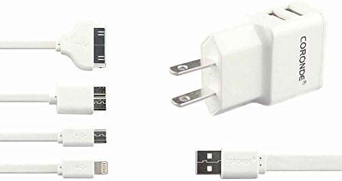 CORONDE® Dual USB Wall Charger 2.1A &amp; 4 in 1 Charging Cable 4Feet,Include:8 Pin Cable,30 Pin Cable,USB 3.0 Cable and Micro USB Cable for iphone,iPad,Samsung phones and most Android Phones(White)