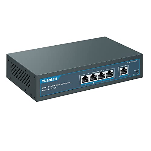 YuanLey 5 Port Gigabit PoE Switch with 4 Port PoE+, 802.3af/at 78W Built-in Power, Fanless, Metal, Unmanaged Plug & Play