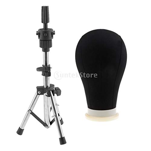 Mannequins - 24inch Black Canvas Poly Block Mannequin Manikin Head Model Display Style Dry With Tripod Clamp - Pink Tripod 100% Dummy Wave Bracket Wigs Tube Tokyo Fake Maniqui Stand Real Hair F