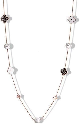 Women Necklace Fashion Jewelry long chain necklace Clover shaped four-leaf pendant plated imitation of natural pearls rose gold necklace Mother's Day gift chain :90+6 cm