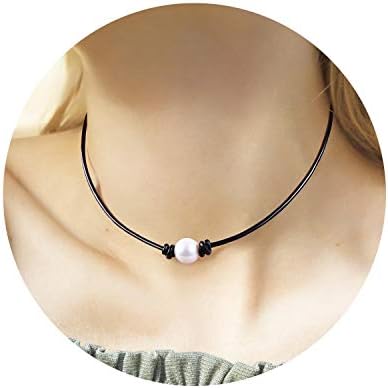 ISHOW Pearl Necklace with 925 Sterling Silver Single Cultured Freshwater Pearl Choker Necklace for Women Genuine Leather Jewelry Handmade Rope with Gift Box for Girls