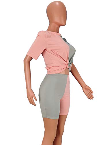 Women 2 Piece Outfits Casual Color Block Short Sleeve Tops Bodycon Shorts Summer Tracksuit Set Pink&Grey L