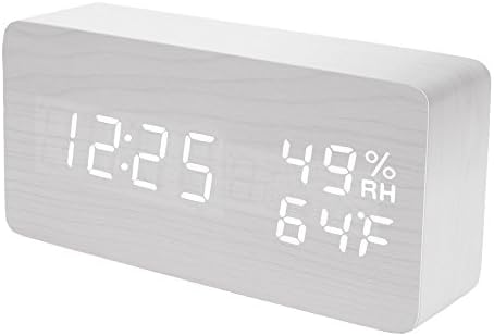 Raercodia Wooden Alarm Clock Modern Wood Digital Clock Electronic Desk Clock LED Display Time Date Temperature Humidity Voice Control 3 Alarms 3 Brightness for Home Office Kids (White,White)