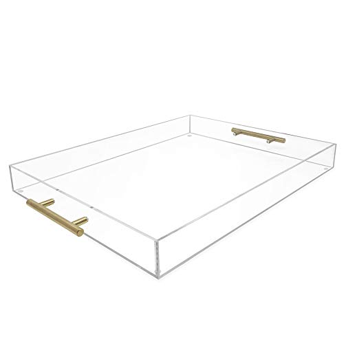 Isaac Jacobs Clear Acrylic Serving Tray (16x20) with Gold Metal Handles, Spill-Proof, Stackable Organizer, Food & Drinks Server, Indoors/Outdoors, Lucite Storage Décor (16x20, Clear with Gold Handle)