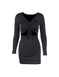 Antopmen Vestido sexy de cuello en V de manga larga con encaje frontal, corte de trineo