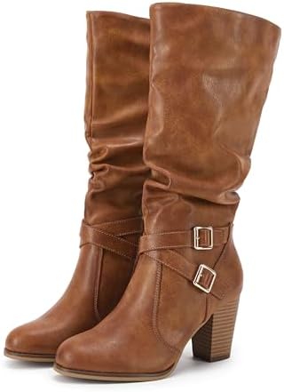 Ermonn Womens Mid Knee High Boots Chunky Heel Slouchy Metal Buckle