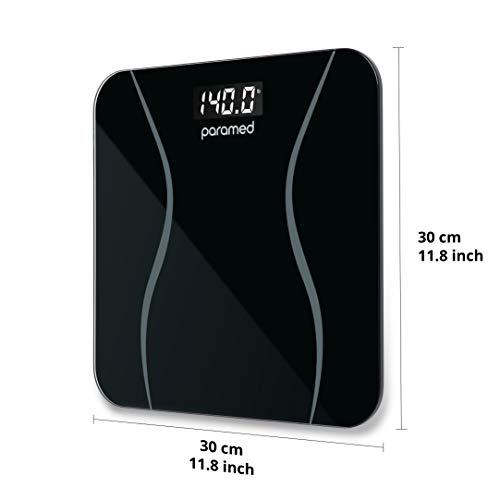 PARAMED Digital Body Weight Bathroom and Home Scale, Slim Design Weight Loss Monitor, 6mm Tempered Safety Glass Construction, Large LCD Backlit Display, Automatic Step-On Function, 396lbs - Black