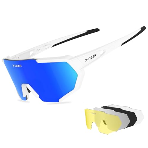 X-TIGER Fahrradbrille, Herren Damen Sportbrille, UV400 mit 5 Wechselgläser,Starker TR90 Frame, mit Montierbarem Brillenband & Ohrhaken, Outdoor-Sport/