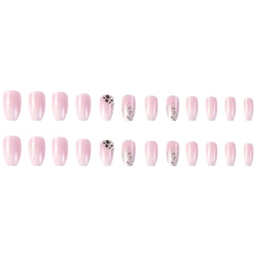 YoYoee Medium Coffin Press On Nails Crystal Gem Design Fake Nails Acrylic Gradient Bling False Nails Reusable Ballerina Stick On Nails for Women and Girls （24 PCS） - Image 5