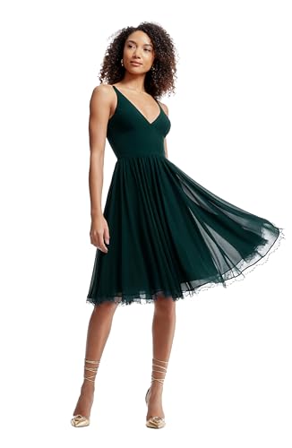 Dress the Population Women's Alicia Plunging Mix Media Sleeveless A-line Midi Dress Bridesmaid, Pine, Large