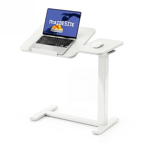 MAIDeSITe Side Table with Wheels, C-Shaped Height-Adjustable Bed Table, 70 x 40 cm Standing Table, Mobile Laptop Table with Split Table Top and Concealed Castors - Fit Dual