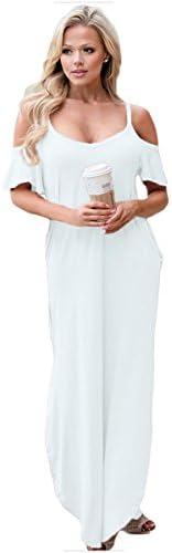 GOCHIC Women's Cold Shoulder Spaghetti Strap Casual Long Dress Maxi White with Pockets XXL