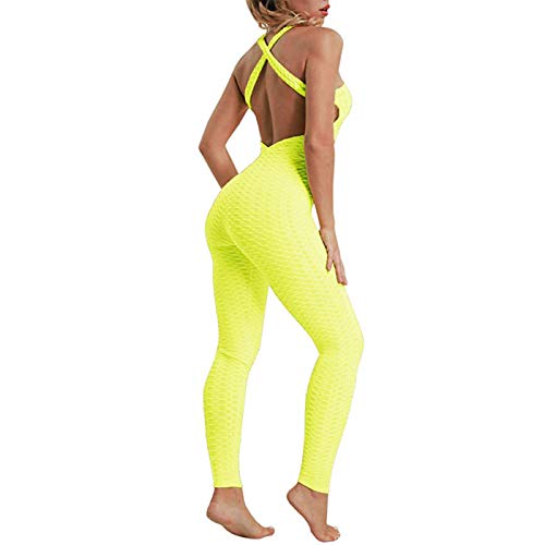 WISHU Women's High Waist Ruched Butt Lift Yoga Pants Jumpsuit Textured Stretchy Skinny Tummy Control Workout Gym Leggings (Yellow, L)