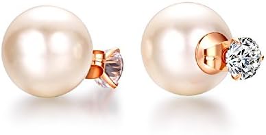JustForBridal Rose Gold Pearl 3 Prongs 0.75 Carat CZ Double Sided Stud Earrings For Women