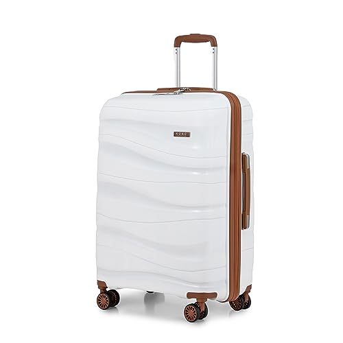 KONO Large 75 cm Lightweight Hard Trolley Polypropylene Suitcase with TSA Padlock and 4 Wheels (Cream White)