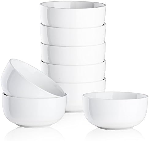 10-Ounce Porcelain Bowl Set Bouillon Cups Dessert Bowls Dinnerware for Cereal，Cottage Cheese, Fruit, Crackers,Salad - Set of 8 ,White