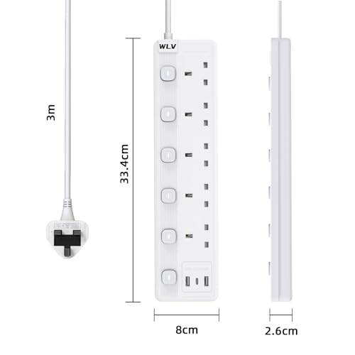 WLV Extension Lead 3M, 5 Plug Extension Lead with 3 USB Slots, Plug Extension Socket with Individually Switch, White Wall Mounted Power Strip for Dorm, Kitchen, Living Room, Bedroom