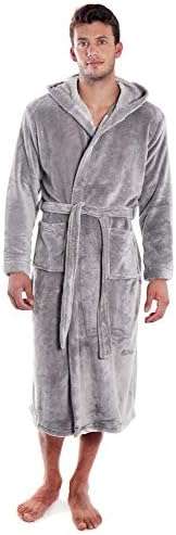 Women Men's Long Plush Fleece Robe with Hood, Solid Color Bathrobe