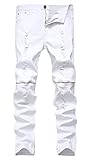 Men White Zipper Ripped Distressed Destroyed Skinny Fit Jeans with Holes,W40,0303white