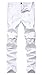 Qazel Vorrlon Men's White Zipper Ripped Distressed Destroyed Skinny Fit Jeans with Holes