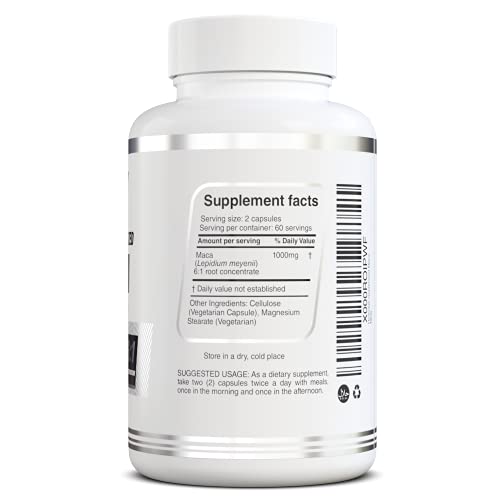 Peruvian Maca Root Powder Capsules for Men and Women with Organic Black Maca, Red Maca, Yellow Maca Root Extract Capsules, Gelatinized 2000 mg Per Day, Lepidium Meyenii, Peruvian Ginseng, Vegan Pills