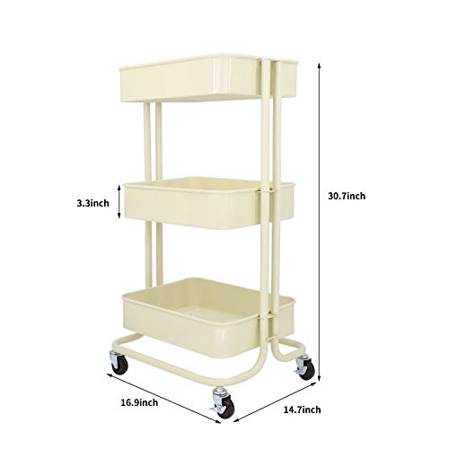 3-Tier Metal Storage Rolling Cart with Utility Mesh Basket and Wheels, Multifunction Heavy Duty Large Shelves, Mobile Organization Service Trolley for Office, Kitchen, Bedroom, Bathroom (Beige)