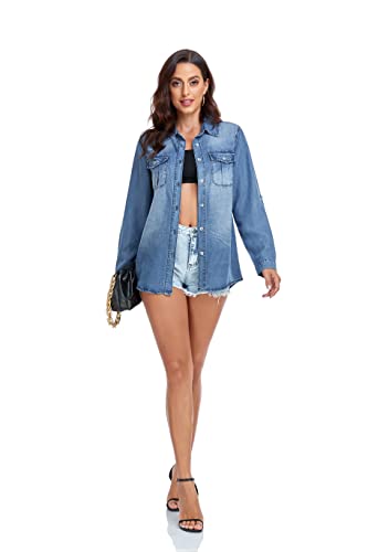 WOMEN’S LONG SLEEVE BUTTON DENIM SHIRT V NECK COTTON CLASSIC CASUAL JEAN SHIRTS FOR WOMEN BLUE
