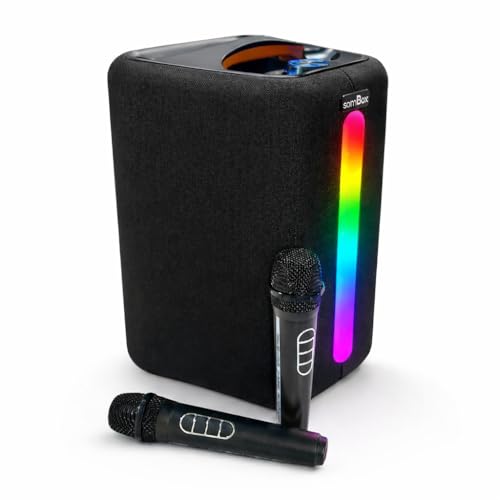 Caixa de Som Portátil 100W RMS Graves Potentes RGB Bluetooth 5.3, USB e AUX, Bateria Longa Duração com 2 Microfones sem Fio para Festas, Viagens, Karaoke e Uso Externo
