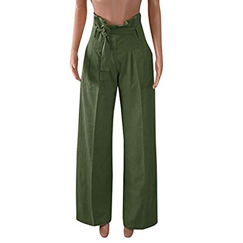 Pervobs Womens Comfy Chic Palazzo Lounge Pant Casual Paper Bag Pants Elastic Waist Pockets Wide Leg Pant Trouser(L, Z01-Green)