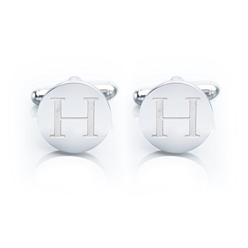 Men’s 18K White Gold-Plated Engraved Initial Cufflinks with Gift Box– Premium Quality Personalized Alphabet Letter (H - White Gold)