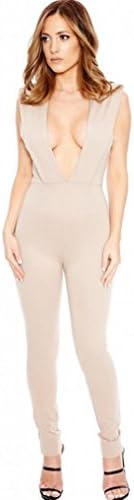 EKIMI Women's Skintight V-Neck Elegant Jumpsuit Romper Bodysuit Pants (XL, Khaki)