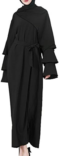 Women Fashion Long Sleeve Belt Dubai Abaya Muslim Robe Saudi Arabia Maxi Dress Black L
